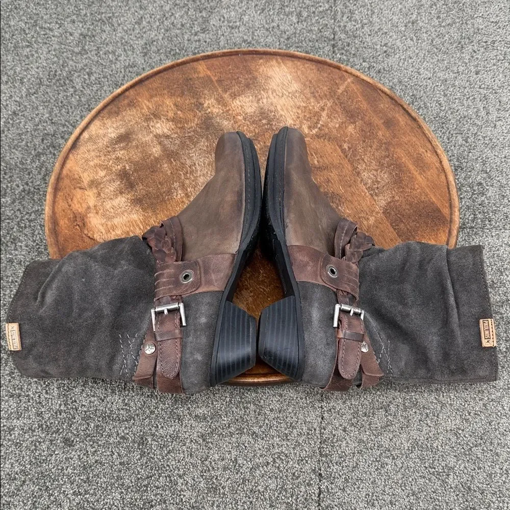 Pikolinos Boots Wm 38 7.5-8 Rotterdam Brown Leather Ankle Braided Leather Buckle